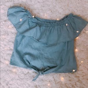 NOBO Denim Wash Over The Shoulder Crop Top Blouse